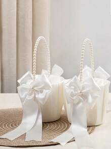 1 pieza Cesta de flores de boda con lazo y perlas de imitación - Cesta de flores blanca con lazo, cesta de flores de satén, adecuada para decoración de bodas, regalo de Año Nuevo, regalos de decoración