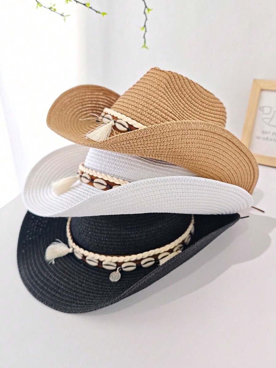 1pc Unisex Fashion Straw Hat, Bohemian Style Beach Sun Hat, New Woven Panama Cowboy Rider Hat, Suitable For Outdoor Travel, Sun Protection, Gift, Daily Use