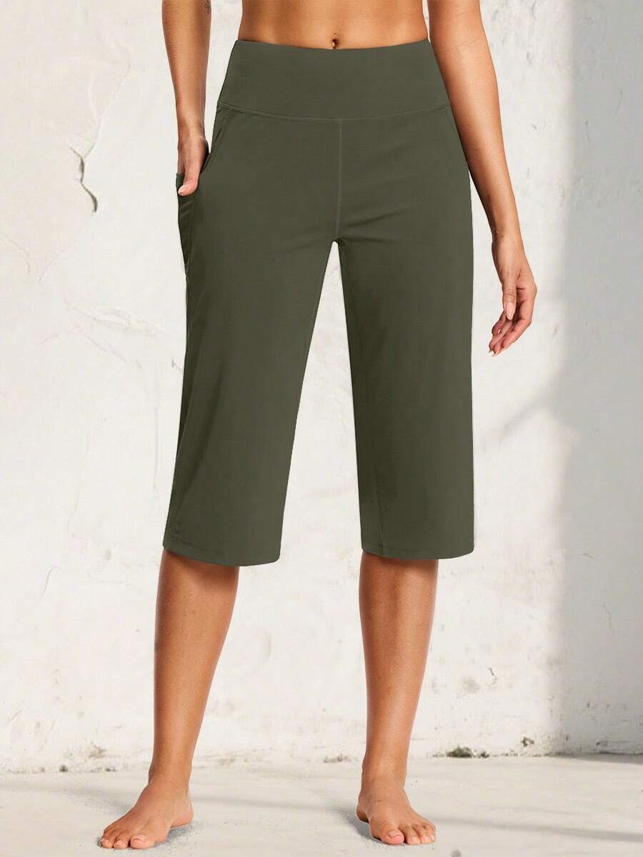 Women's Yoga Capri Pants Straight Leg High Waisted Stretchy Athletic Capris Pants With 3 Pockets For Workout Casual - Army Green - View 1