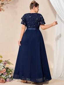 大码V领亮片蕾丝蝴蝶袖撞色雪纺晚礼服，适合婚礼宾客、生日、宴会、节日及其他场合穿着。 - 藏蓝色 - 查看 3