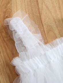 1 件年轻女孩可爱优雅公主甜美蝴蝶装饰 3D 花卉饰边细肩带薄纱网眼派对礼服，适合派对、生日、节日，适合所有季节 - 白色 - 查看 6