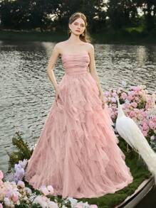 Romantic Strapless Wedding Dress Bridal Gown With Layered Ruffled Tulle & A-Line Silhouette Dress - Perfect For Classic Weddings, Graduation Dress, Evening Gala Receptions, Birthday Women Outfits, Bride