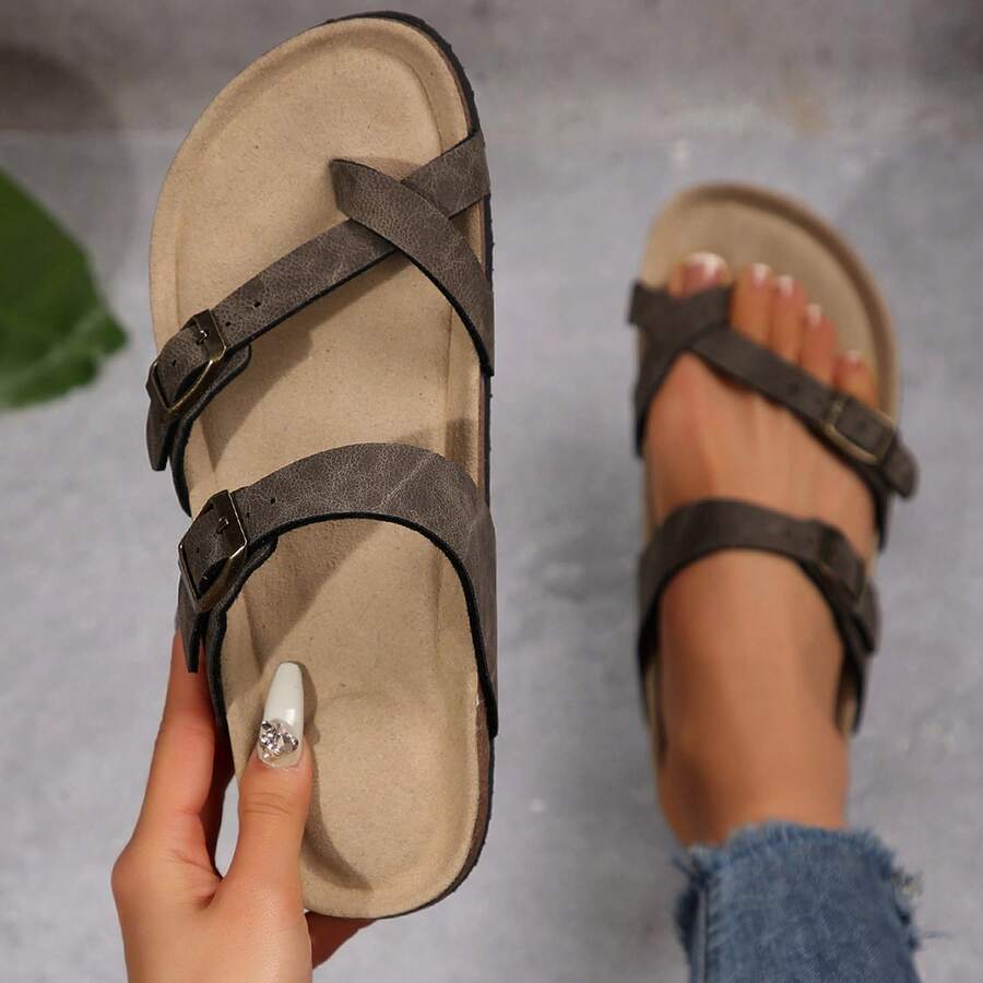 Womens Sandals Comfort Cork Footbed Adjustable Buckle Strappy Casual Walking Hiking Sandals Summer Beach Sandals - Retro Gray - View 1