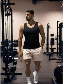 男士无袖健身运动背心、打底短袖 T 恤、压缩衬衫 - 黑色 - 查看 4