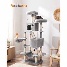 Árbol para gatos Feandrea, torre para gatos grande de 206 cm con 13 postes rascadores, 2 plataformas, 2 cuevas, cesta, hamaca, pompones, casa de varios niveles y felpa para gatos de interior, color gris humo UPCT190G01 - Gris claro - Ver 4