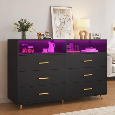 Cómoda de Cama Negra con Luces LED, Cómoda de 6 Cajones con Organizador Grande, Cómodas y Cajoneras de Madera, Cómodas Grandes Muebles para Dormitorio Sala de Estar