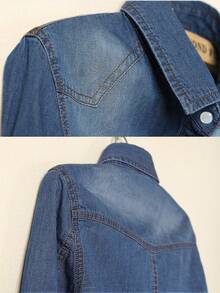 Women' Roll Up 3/4 Sleeve Tie Front Knot Shirt Chambray Denim Crop Top - Dark Wash - View 7