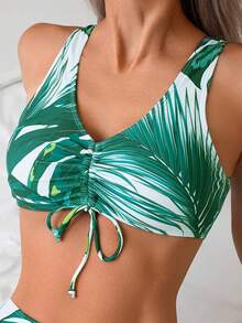 Conjuntos de verano para mujer, bikini con estampado de plantas tropicales y shorts con nudo delantero talla grande cheeky, y kimono de manga larga como cobertura para vacaciones de verano,3 piezas - Verde - Ver 6