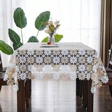 1 pièce Nappe rectangulaire en polyester blanc beige vintage bohème avec motif tournesol marguerite ajouré, décoration de la maison, cuisine, café, utilisation extérieure
