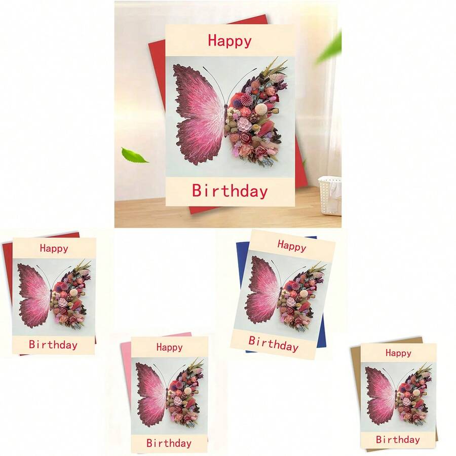 1pc Beautiful Floral & Butterfly Happy Birthday Greeting Card,School Supplies,Back To School