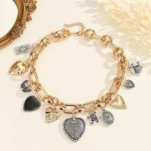 1 件时尚多元素心形吊坠项链，优雅流苏金属颈链，适合派对、节日和时尚女性的日常佩戴 - 彩色 - 查看 2