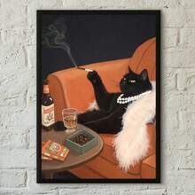 1 件有趣的黑白猫红酒海报印刷家居客厅卧室入口酒吧咖啡厅艺术画装饰可选框架 - 彩色 - 查看 36