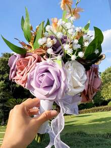 1 件装新娘伴娘婚礼装饰玫瑰人造花束，婚礼派对装饰逼真假花新娘送礼会婚礼抛花束新娘花束适用于婚礼周年纪念情人节