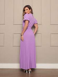 Women's Long Crepe Dress With Puffed Sleeves, Bow Waist And Pleated Skirt - Elegant And Sophisticated - 紫羅蘭色 - 查看 3