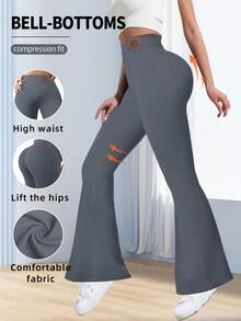 1 chiếc quần dài nữ chất lượng cao, cạp cao, ôm sát, kiểu dáng tối giản, quần legging ống rộng ôm bụng, quần yoga ống rộng màu trơn, quần thể thao co giãn thoải mái với cạp chun và nhãn chữ, giúp nâng hông và thon gọn eo, thích hợp mặc mùa xuân. - Xám - Xem 5