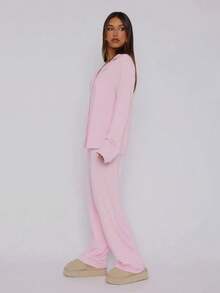 Women Fall And Winter Home Comfort Two-Piece Long-Sleeved Lapel Single-Breasted Top Straight Pants Solid Color Loose Casual Suit - Hồng - Xem 4
