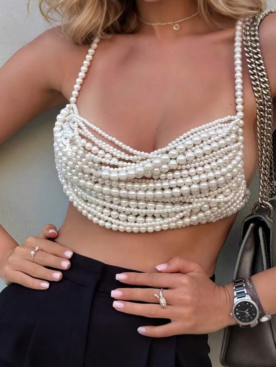 1PC Sexy, Fashionable, Personalized, Exquisite, Multi-Layered Faux Pearl Chest Chain Top Chain, Wedding Party Accessories