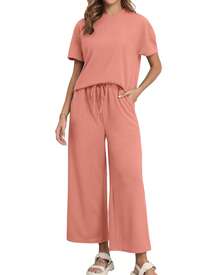 Women's 2 Piece Summer Outfits 2026 Short Sleeve Tops Wide Leg Crop Pant Sets Casual Tracksuit - 粉色 - 查看 4