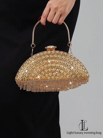1 件女士晚装手拿包，带金属亮片、水晶流苏、纯色、闪亮、迷人、适合晚会、舞会、婚礼、夜总会、高端场合、生日礼物、链条肩带晚装包