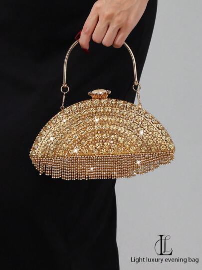 1 件女士晚装手拿包，带金属亮片、水晶流苏、纯色、闪亮、迷人、适合晚会、舞会、婚礼、夜总会、高端场合、生日礼物、链条肩带晚装包