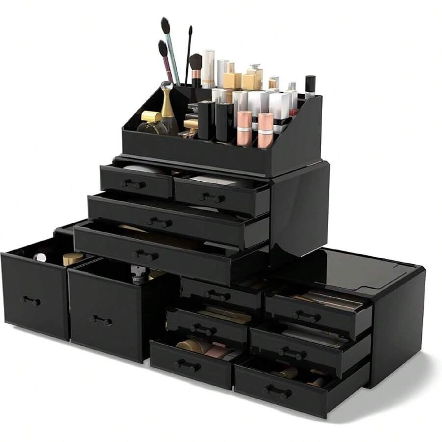 Makeup Cosmetic Organizer Storage Drawers Display Boxes Case With 12 Drawers (White)-Yl - Black - View 1