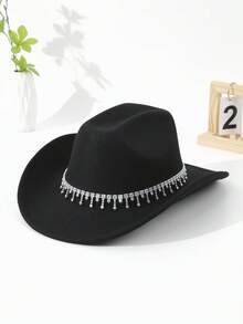 1pc Unisex Rhinestone Decor Boho Ridge Cowgirl Hat Beach Hat Panama Hat Sun Hat Cowboy Hat Jazz Hat Soft Felt Hat Fedora Hat For Outdoor - Black - View 8