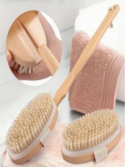 木质长柄身体按摩沐浴刷，带可拆卸手柄，干湿身体按摩去角质工具