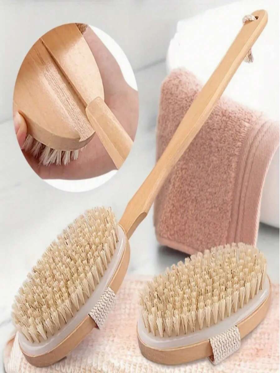木质长柄身体按摩沐浴刷，带可拆卸手柄，干湿身体按摩去角质工具
