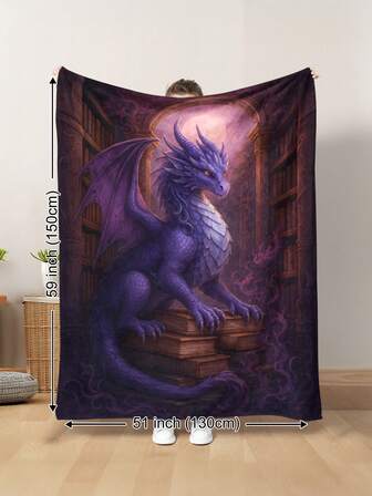 1pc Fantasy Purple Dragon, Magic Library, Magical World, Monsters And Floral Printed Soft And Warm Plush Blanket, Suitable For Living Room, Sofa, Lounge Chair And Bedroom, Ideal For Travel, Camping Or Gift