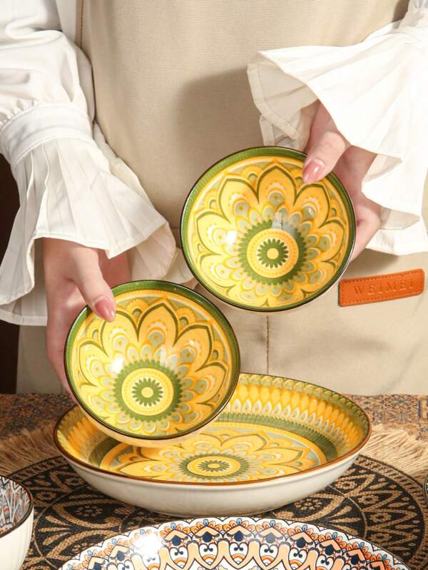 1pc Bohemian Style Ceramic Printed Serving/Dining/Rice/Soup Bowl, 1/2/4/6 Set, Suitable For Restaurant Or Home Use,School Supplies