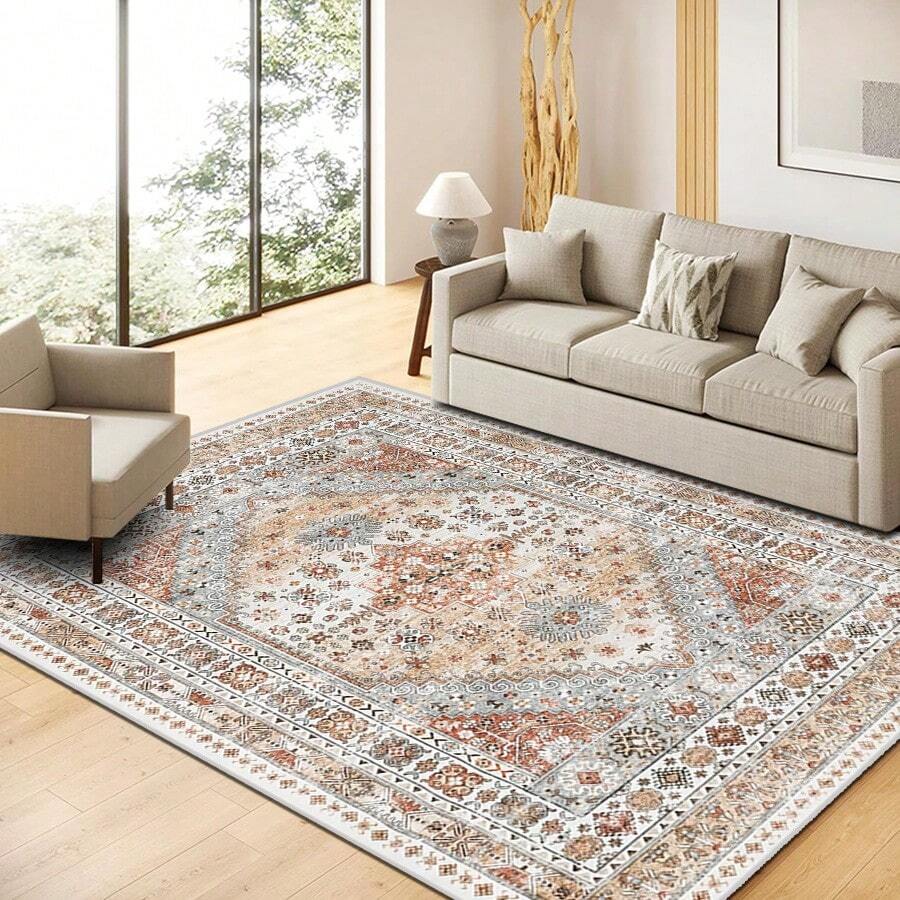 1/2 Set Large Area Washable Carpets, Hallway Rugs, Easy Cleaning Carpets Suitable For Living Room, Bedroom, Vintage Home Decor - Orange - View 1