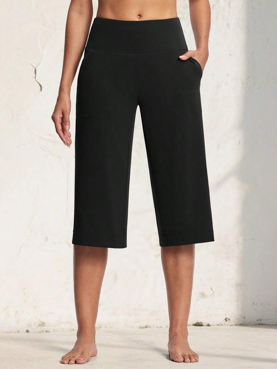 ISEEGZ Women's Wide Leg Yoga Capris High Waist Loose Fit Dress Pants With Pockets Casual Lounge Capri Pants For Women - 黑色 - 查看 1