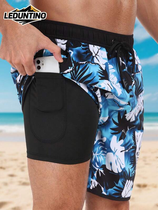 LEDUNTINO [Frühling/Sommer] Herren 2-in-1 Doppelschicht Tropical Muster Sport Shorts, Mehrtaschig, ideales Geschenk für Ehemann/Freund, Gummibund, Strand/Urlaub/Surfen Tragen, Frühling/Sommer