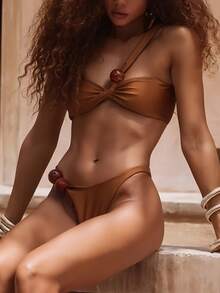 Bộ đồ bơi bikini hở lưng màu trơn đi biển mùa hè cho nữ - màu nâu - Xem 5