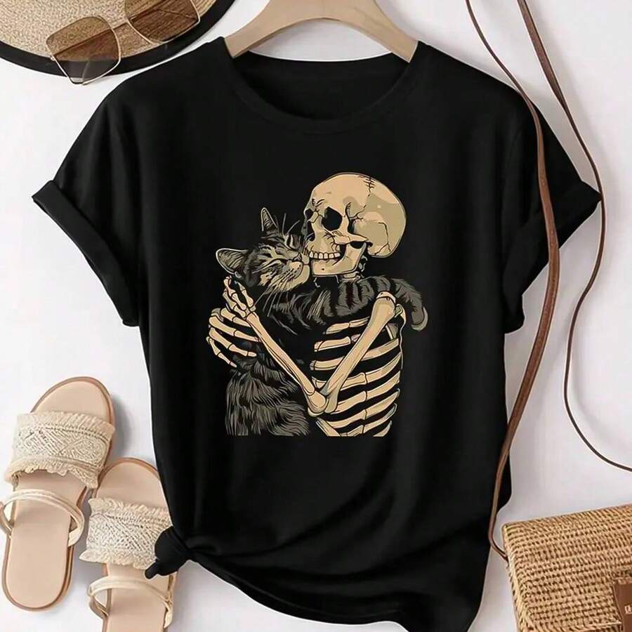 Unisex Basic Cotton Cat Skull T-Shirt - màu đen - Xem 1