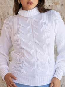Women's Cold Weather Sweater Turtleneck Wool Puff Sleeve Knitted Knit Braids - 白色 - 查看 2