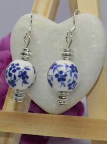 2 piezas de Elegantes pendientes de mujer de cuentas de cristal con borlas, estilo chino de porcelana azul y blanco con flores, multicolor, apropiados para fiestas, banquetes y uso diario