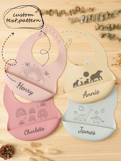 1pc Custom Name Pattern Baby Silicone Bib Personalized Customization Baby Bibs Portable Baby Adjustable Bib Print On Demand Baby Tableware,Multi-Functional,Ornamental,Letter,Stylish,Modern,Colorful,Cute,Adorable,Casual,Custom,Personalised,Unique,Customized,Ideal Gifts For Him,Ideal Gifts For Her, Essential For Newborns