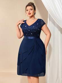 Sequin Lace V-Neck Ruffle Hem Chiffon Cocktail Dress, Suitable For Valentine's Day, Dinner Date, Graduation Ceremony, Homecoming - Navy Blue - View 8