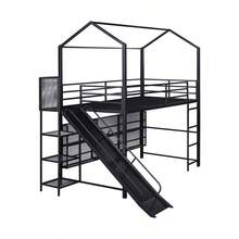 Twin Size House Metal Loft Bed With Iron Mesh Shelves And Slide,Black-9881 - Multicolor - View 8