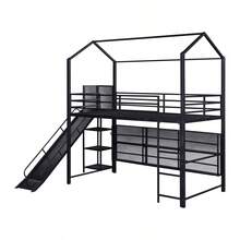 Twin Size House Metal Loft Bed With Iron Mesh Shelves And Slide,Black-9881 - Multicolor - View 9