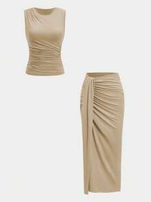Bộ đồ xếp ly 2 món dành cho nữ, gồm áo hai dây cổ tròn và chân váy midi xẻ tà thanh lịch, chất liệu vải dệt kim co giãn nhẹ 180g, thích hợp cho mùa hè. - Màu Khaki - Xem 2