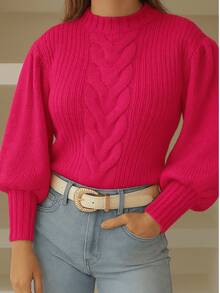 Women's Blogger Style Cold Weather Blouse With Braid 2025 Knitted Blouse With Puff Sleeves - Màu Hồng Tươi - Xem 1
