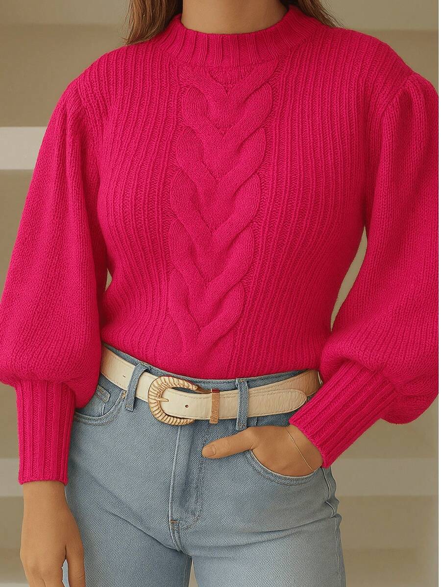 Women's Blogger Style Cold Weather Blouse With Braid 2025 Knitted Blouse With Puff Sleeves - Màu Hồng Tươi - Xem 1