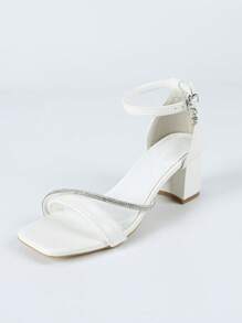 Sandalias de mujer con tira con cristales, punta cuadrada y tacón ancho, estilo elegante para ir al trabajo, de piel blanca brillante para verano, versátil calzado de tacón alto para fiesta y eventos