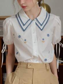 Simple Retro Simple Retro Women's Contrast Color Double-Layer Square Neck Embroidered Shirt Summer Tops Summer Clothes Women Commuter Office Interview French Elegance