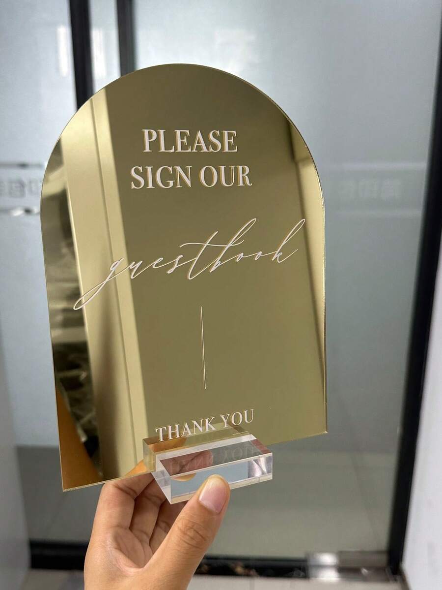 NIEWSPECIAL Arched Acrylic Wedding Table Signs, Gold Mirror Acrylic Material, With Transparent Stand, Printed With "Please Sign Our Guestbook", "Please Take A Photo", "Please Take A Photo For Memories", Size 6*8 Inches, Suitable For Wedding Or Party