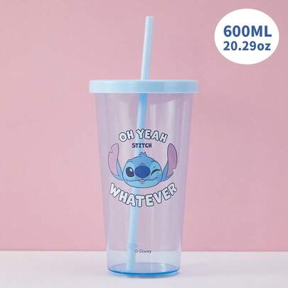 Miniso Stitch Series Straw Plastic Cup 600mL/20.29oz, Cute Water Cup (1 PC)