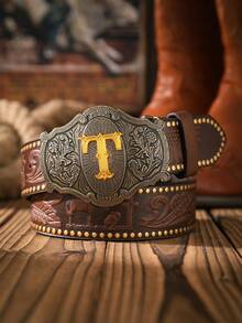 1 件字母合金扣 PU 压花时尚个性腰带夏季、学校休闲、商务、男朋友丈夫父亲爸爸男士礼物、日常穿着、时尚、青少年、户外、度假、运动、旅行、街头、波西米亚风、复古