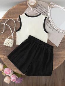 Terno de 2 peças para meninas adolescentes, moda verão, regata de cor sólida com babados em damasco + shorts pretos texturizados com pérolas, roupa casual estilosa - Damasco - Ver 2